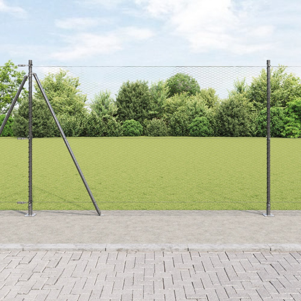 vidaXL Hexagonstängsel Grå 1.4x10 m Stål, vidaXL Stängselstolpar med basplattor 7 st Ø32mm 78.5cm Galvaniserat Stål