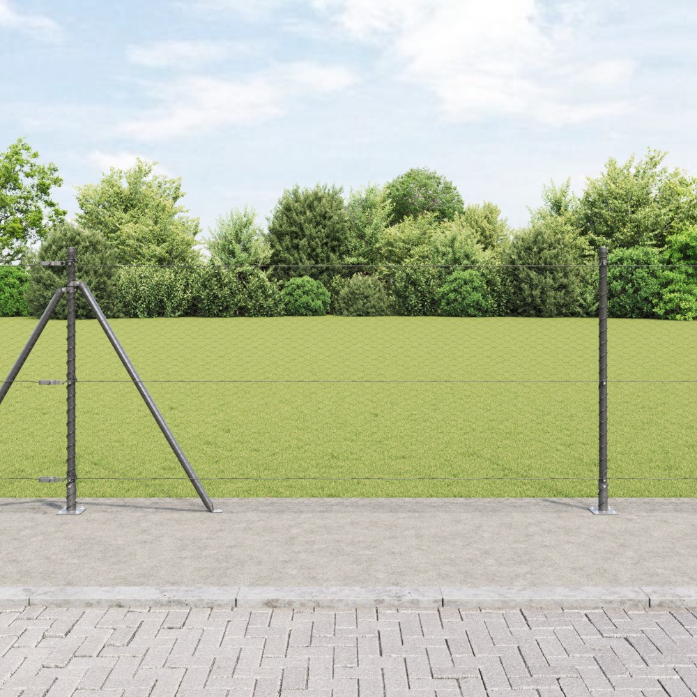 vidaXL Hexagon Fence Grå 0,8x50 m Stål, vidaXL Staketstolpar med basplattor 13 st Ø32mm 90cm Galvaniserat stål