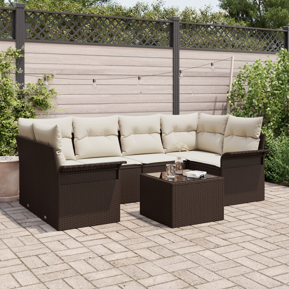 vidaXL Trädgårdsoffset med kudde 7 pcs Brun och Kräm 55 x 55 x 37 cm