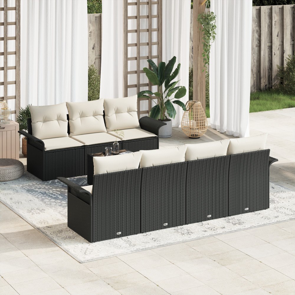 vidaXL Trädgårdsoffset med kudde 8 pcs Svart och kräm 55 x 55 x 37 cm