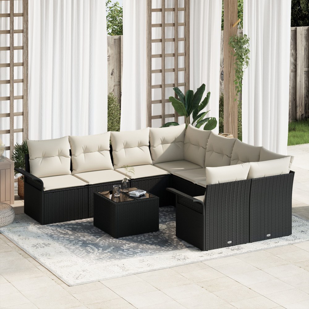 vidaXL Trädgårdsoffset med kudde 9 pcs Svart och kräm 55 x 55 x 37 cm