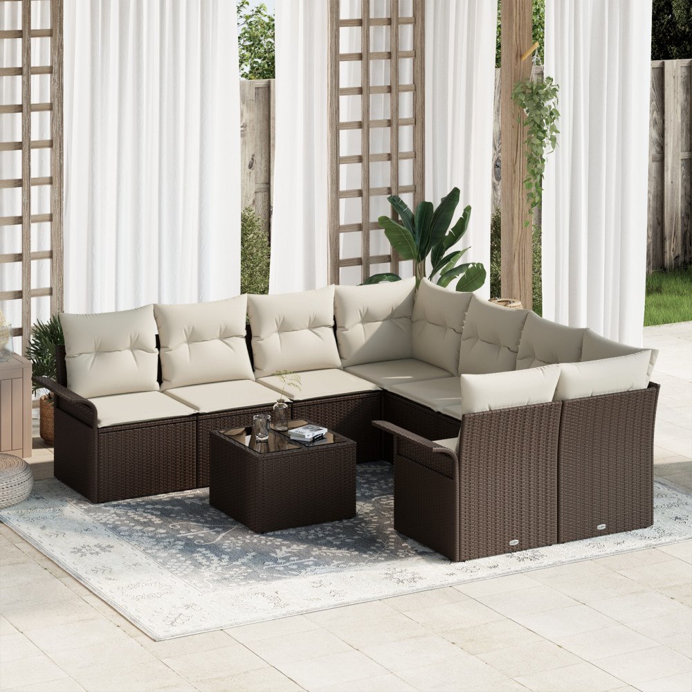 vidaXL Trädgårdsoffset med kudde 9 pcs Brun och Kräm 55 x 55 x 37 cm