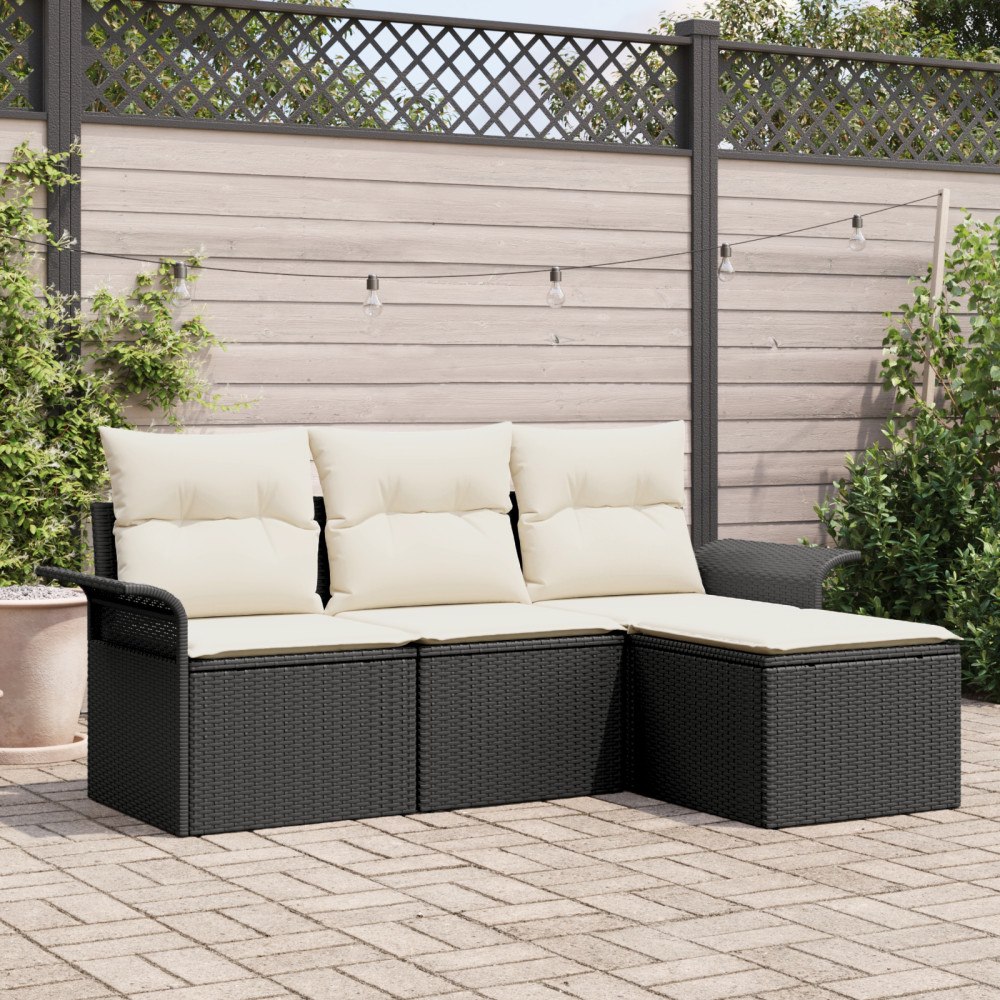 vidaXL Trädgårdsoffset med kudde med lagring 4 pcs Svart Poly rattan
