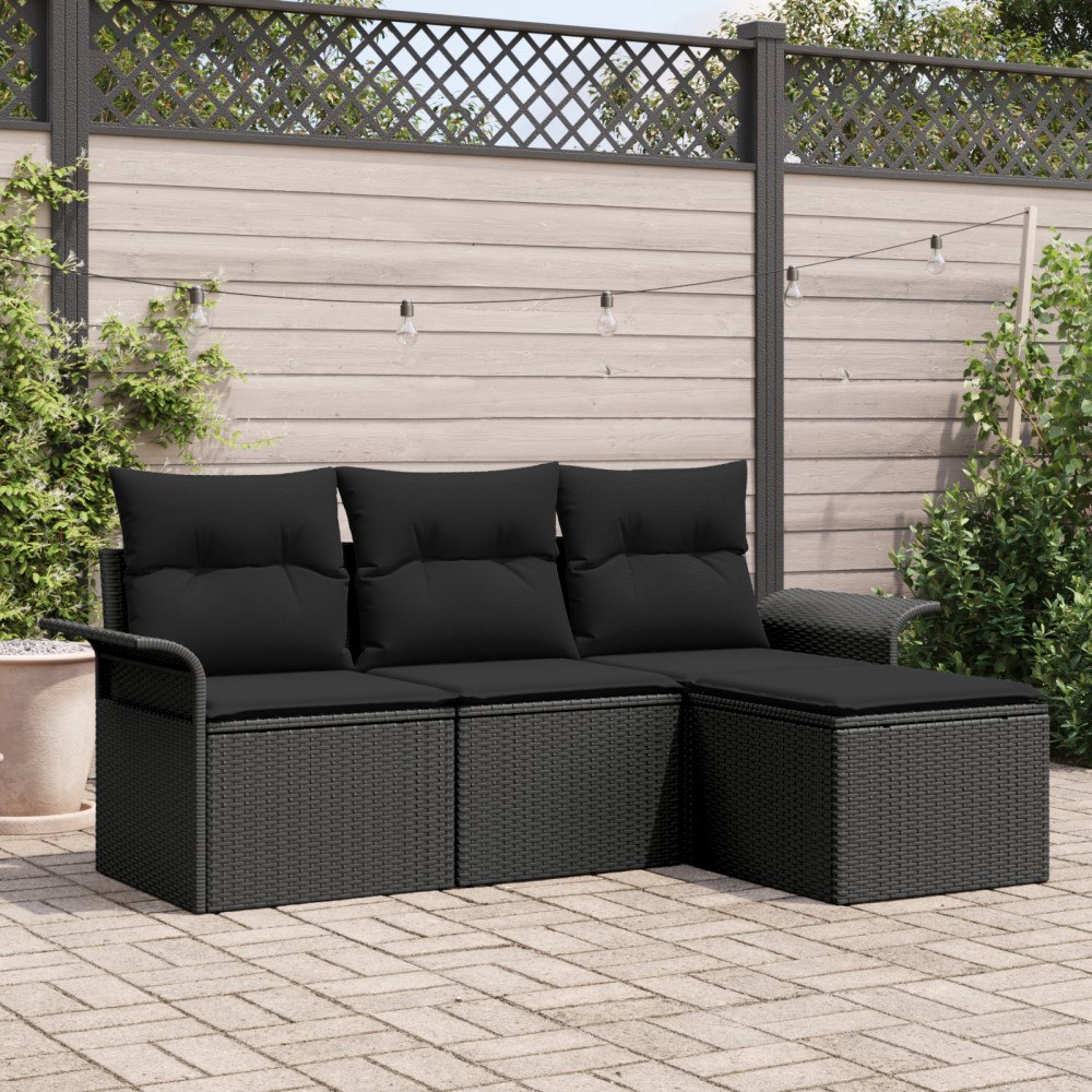 vidaXL Trädgårdsoffset med kudde med lagring 4 pcs Svart Poly rattan