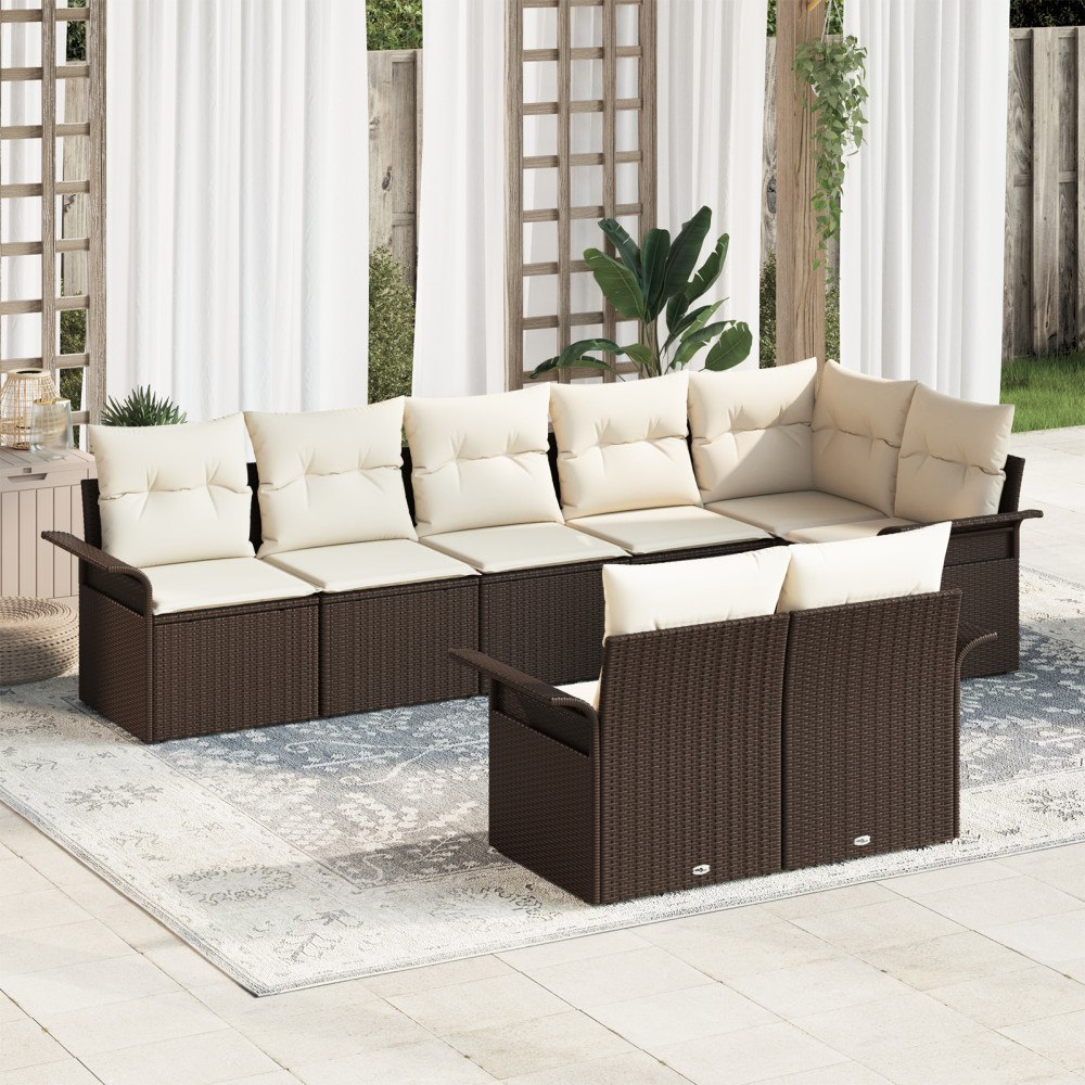vidaXL Trädgårdsoffset med kudde med lagring 8 pcs Brun Poly rattan