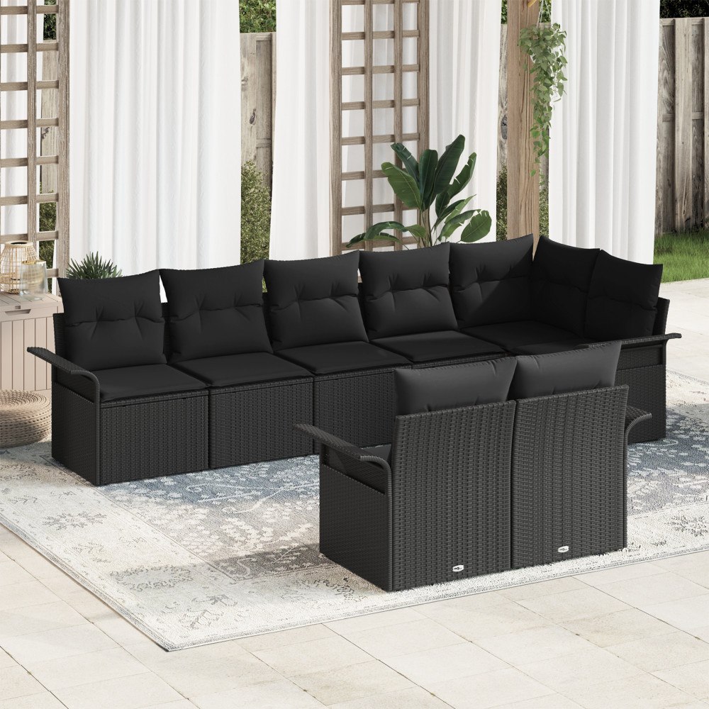 vidaXL Trädgårdsoffset med kudde med lagring 8 pcs Svart Poly rattan