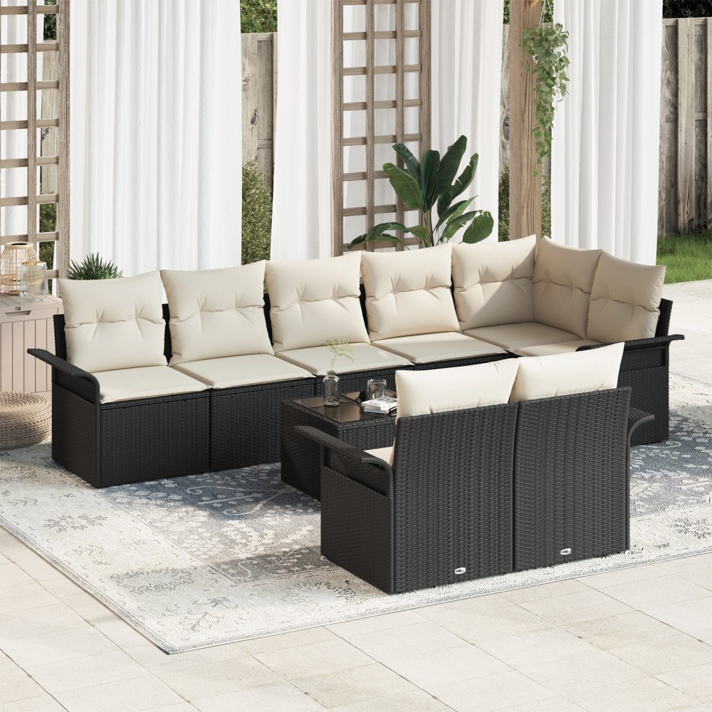 vidaXL Trädgårdsoffset med kudde med lagring 9 pcs Svart Poly rattan