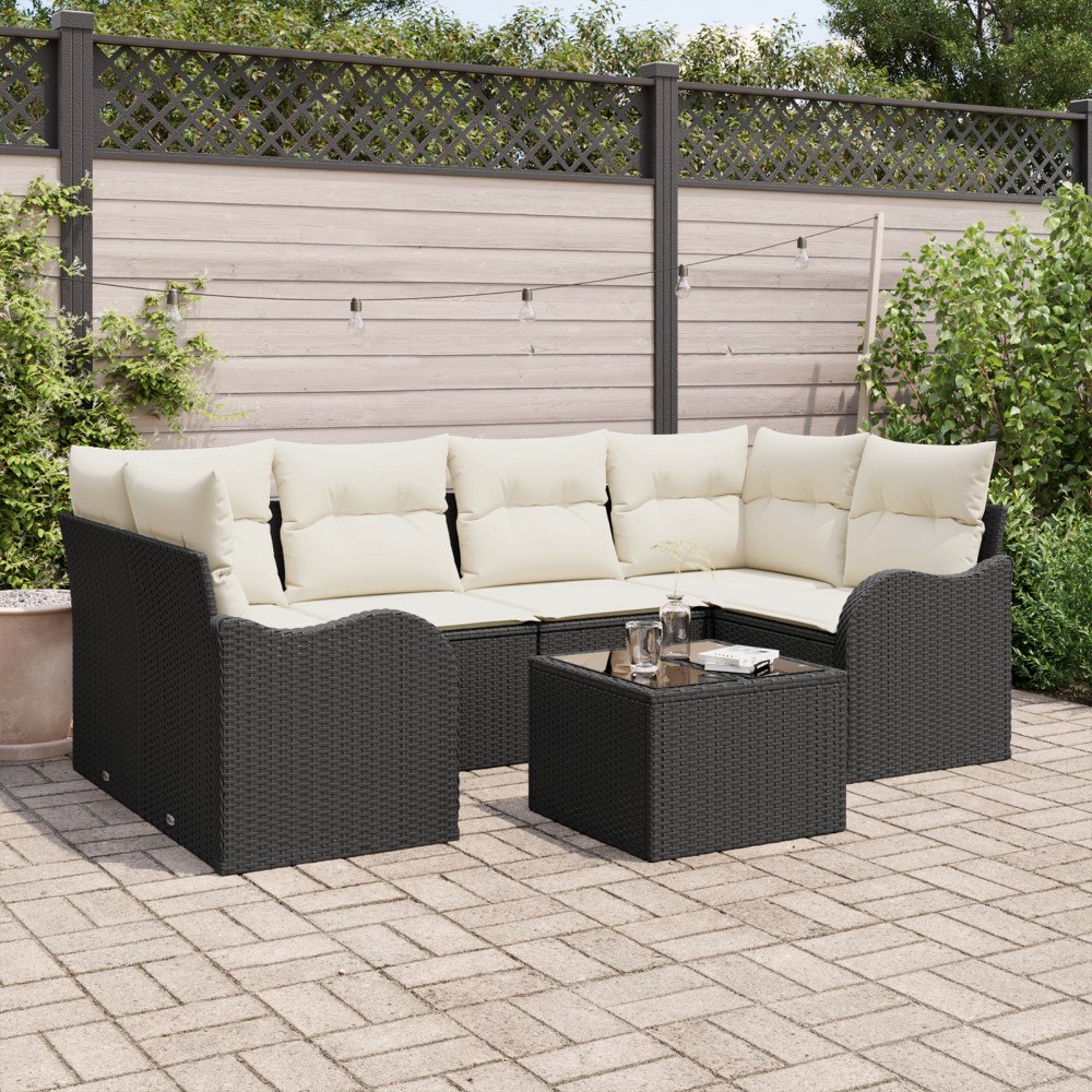 vidaXL Trädgårdsoffset med kudde 7 pcs Svart och kräm 55 x 55 x 37 cm