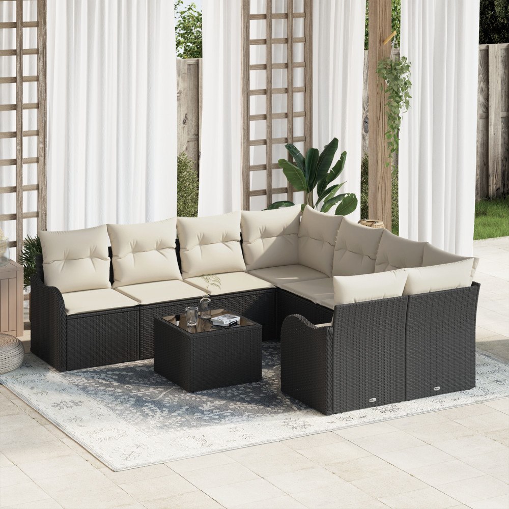 vidaXL Trädgårdsoffset med kudde 9 pcs Svart och kräm 55 x 55 x 37 cm