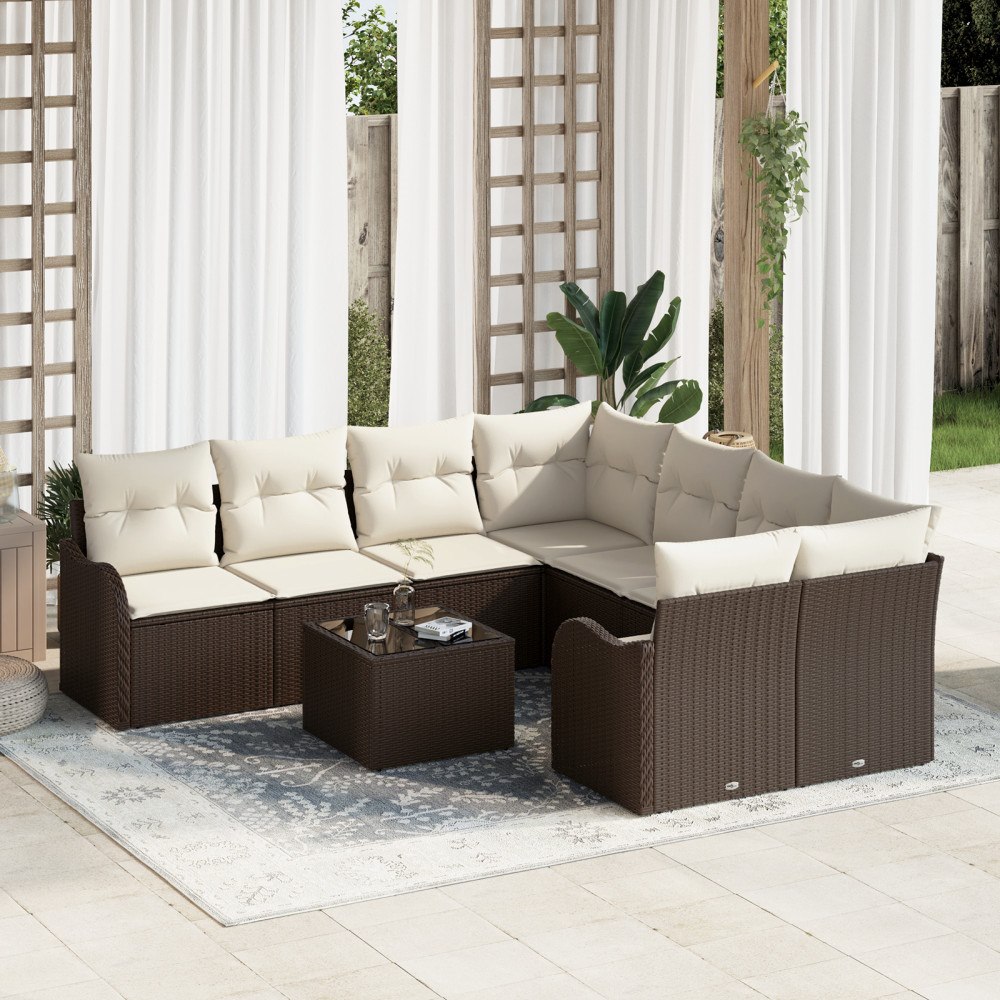vidaXL Trädgårdsoffset med kudde 9 pcs Brun och Kräm 55 x 55 x 37 cm