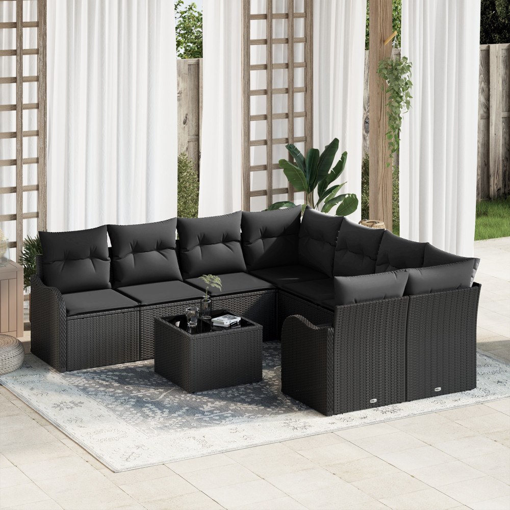 vidaXL Trädgårdsoffset med kudde med kudde 9 pcs Svart 55 x 55 x 37 cm
