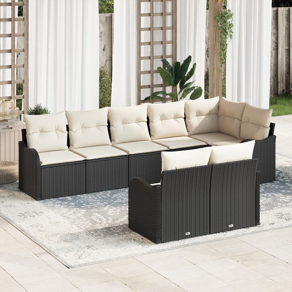 vidaXL Trädgårdsoffset med kudde 8 pcs Svart och vit Poly rattan