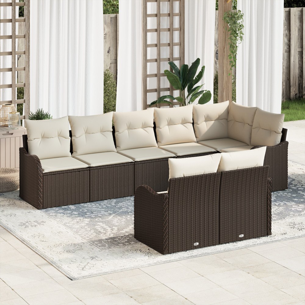 vidaXL Trädgårdsoffset med kudde 8 pcs Brun och vit Poly rattan