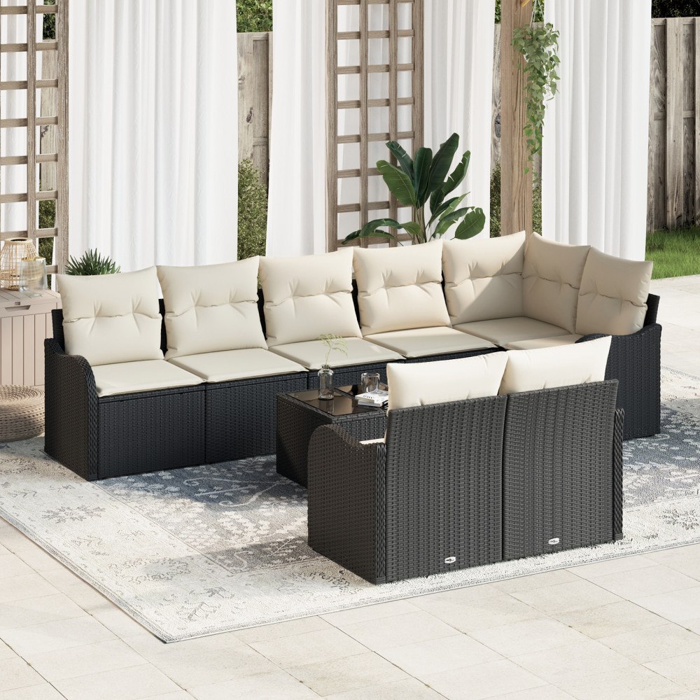 vidaXL Trädgårdsoffset med kudde 9 pcs Svart och vit Poly rattan