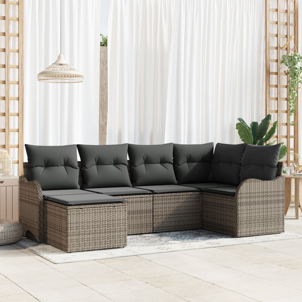 vidaXL Trädgårdsoffset med kudde 6 pcs Grå Poly rattan