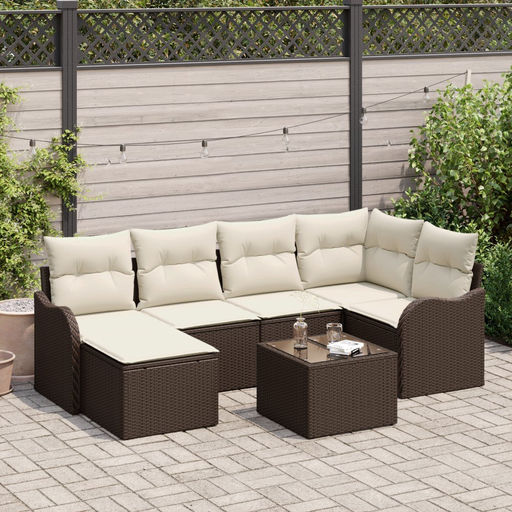 vidaXL Trädgårdsoffset med kudde 7 pcs Brun och vit Poly rattan