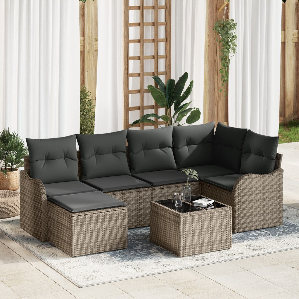 vidaXL Trädgårdsoffset med kudde 7 pcs Grå Poly rattan