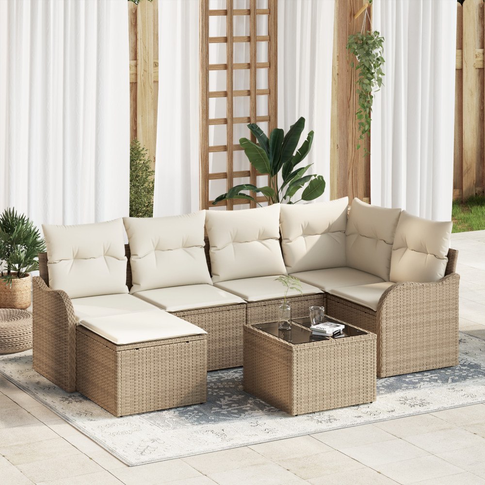 vidaXL Trädgårdsoffset med kudde 7 pcs Beige och vit Poly rattan