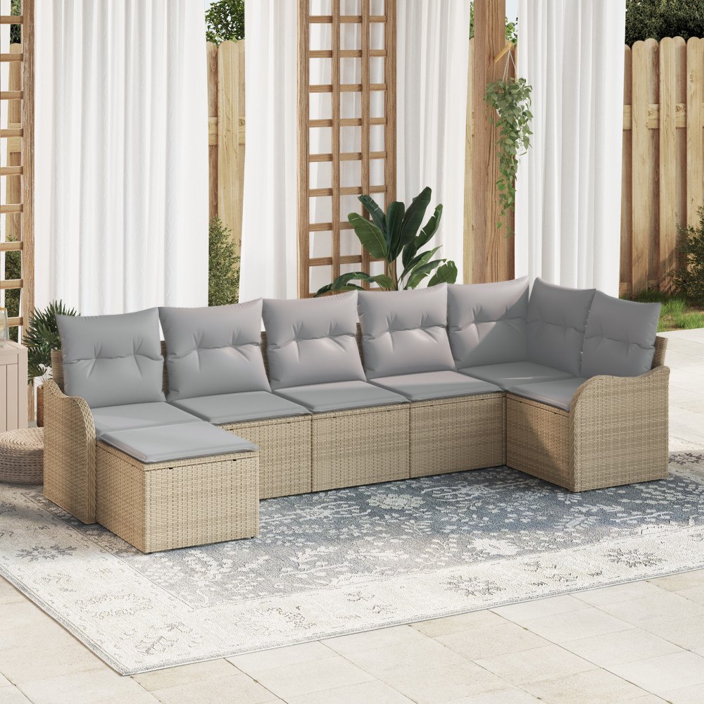 vidaXL Trädgårdsoffset med kudde 7 pcs beige och ljusgrå Poly rattan