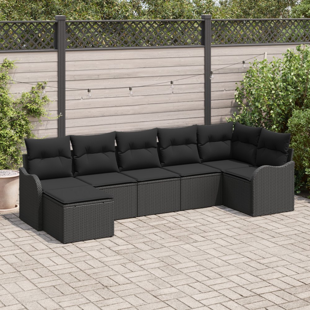 vidaXL Trädgårdsoffset med kudde 7 pcs Svart Poly rattan