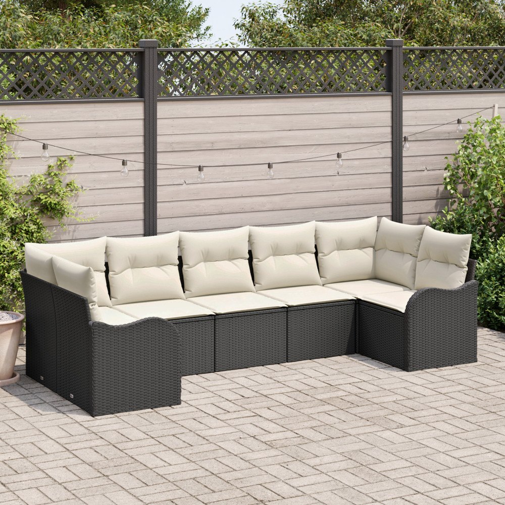 vidaXL Trädgårdsoffset med kudde 7 pcs Svart och vit Poly rattan