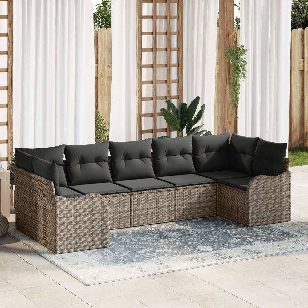 vidaXL Trädgårdsoffset med kudde 7 pcs Grå Poly rattan