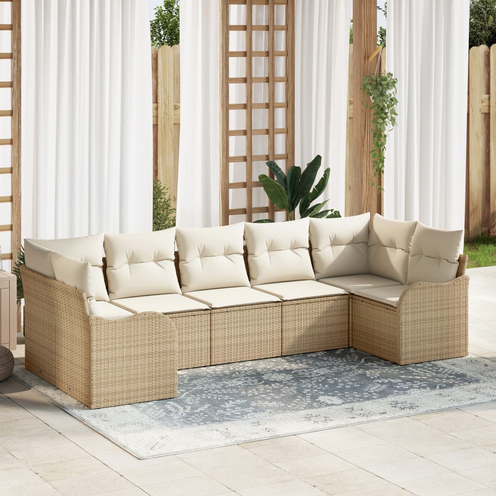vidaXL Trädgårdsoffset med kudde 7 pcs Beige, vit Poly rattan