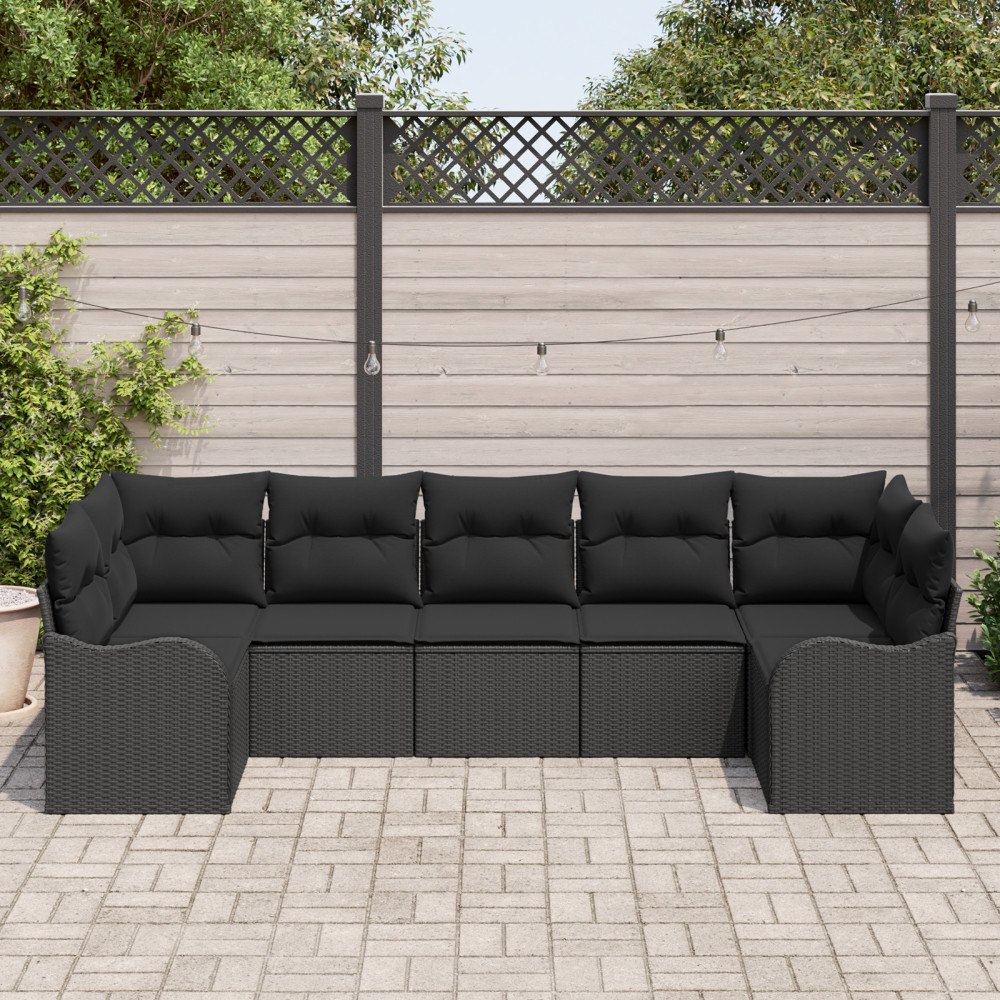 vidaXL Trädgårdsoffset med kudde 7 pcs Svart Poly rattan