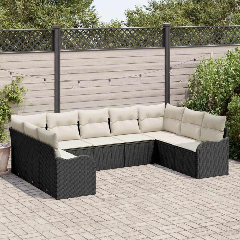vidaXL Trädgårdsoffset med kudde 9 pcs Svart, vit Poly rattan