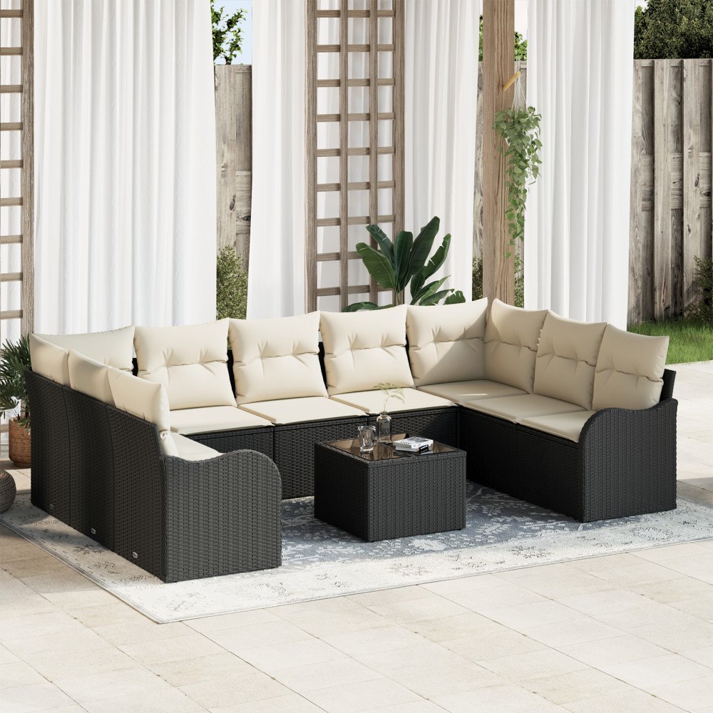 vidaXL Trädgårdsoffset med kudde 10 pcs Svart, vit Poly rattan
