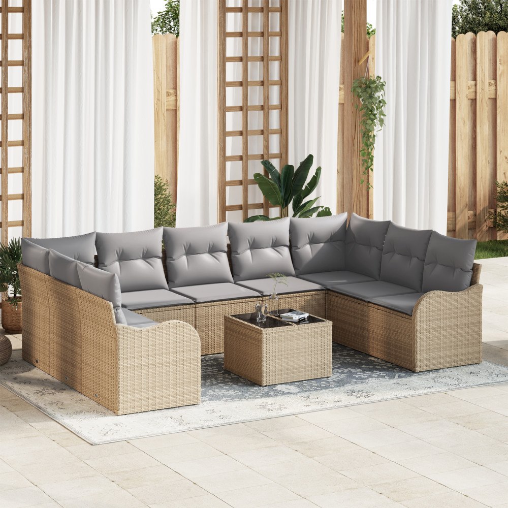 vidaXL Trädgårdsoffset med kudde 10 pcs Beige, ljusgrå Poly rattan