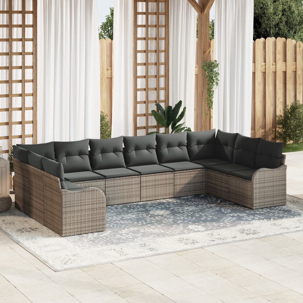 vidaXL Trädgårdsoffset med kudde 10 pcs Grå Poly rattan