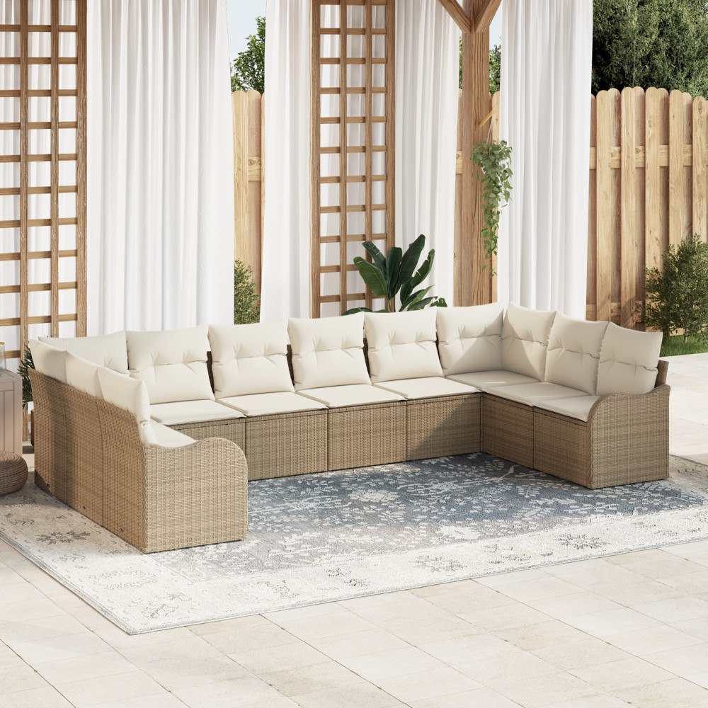 vidaXL Trädgårdsoffset med kudde 10 pcs Beige och vit Poly rattan