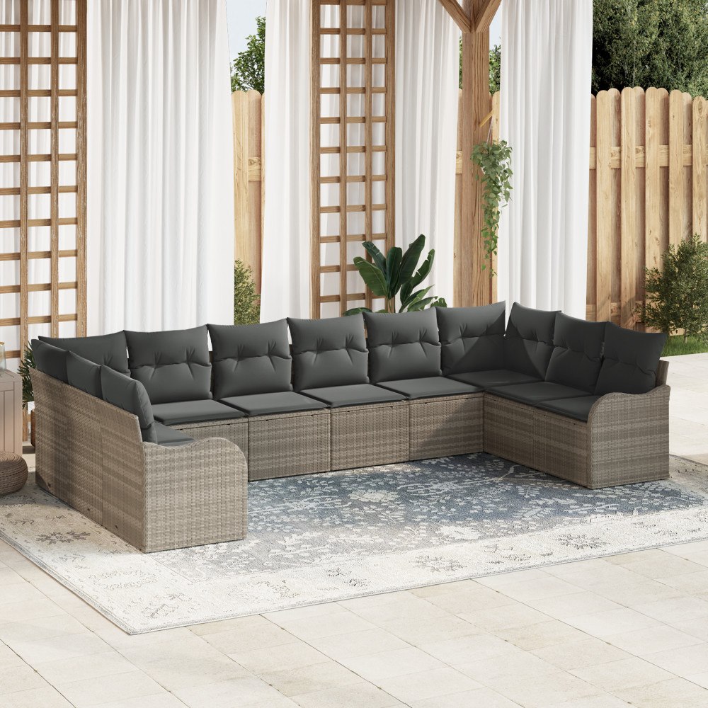 vidaXL Trädgårdsoffset med kudde 10 pcs Ljusgrå Poly rattan