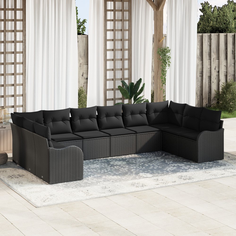 vidaXL Trädgårdsoffset med kudde 10 pcs Svart Poly rattan