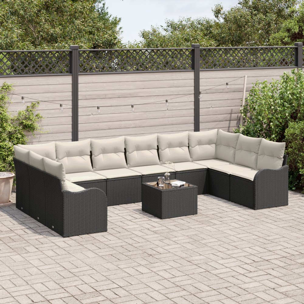 vidaXL Trädgårdsoffset med kudde 11 pcs Svart och vit Poly rattan
