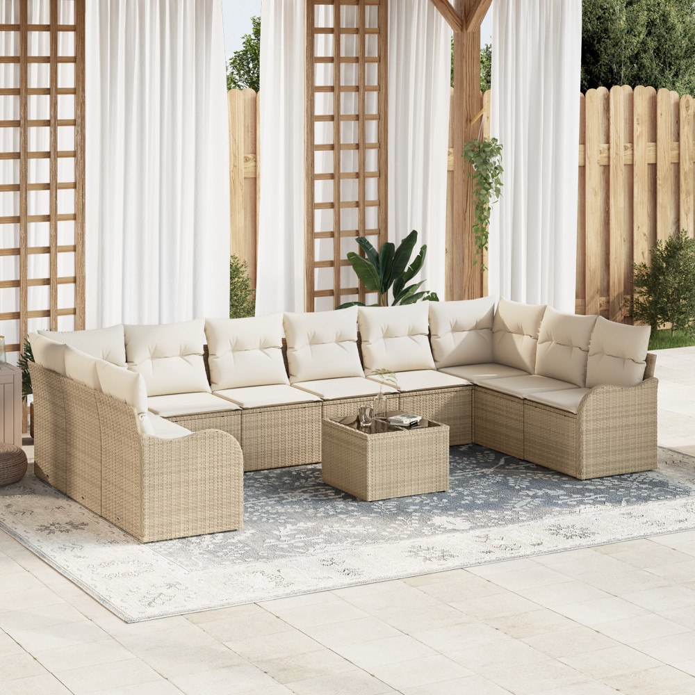 vidaXL Trädgårdsoffset med kudde 11 pcs Beige och vit Poly rattan