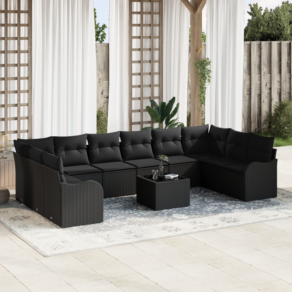 vidaXL Trädgårdsoffset med kudde 11 pcs Svart Poly rattan
