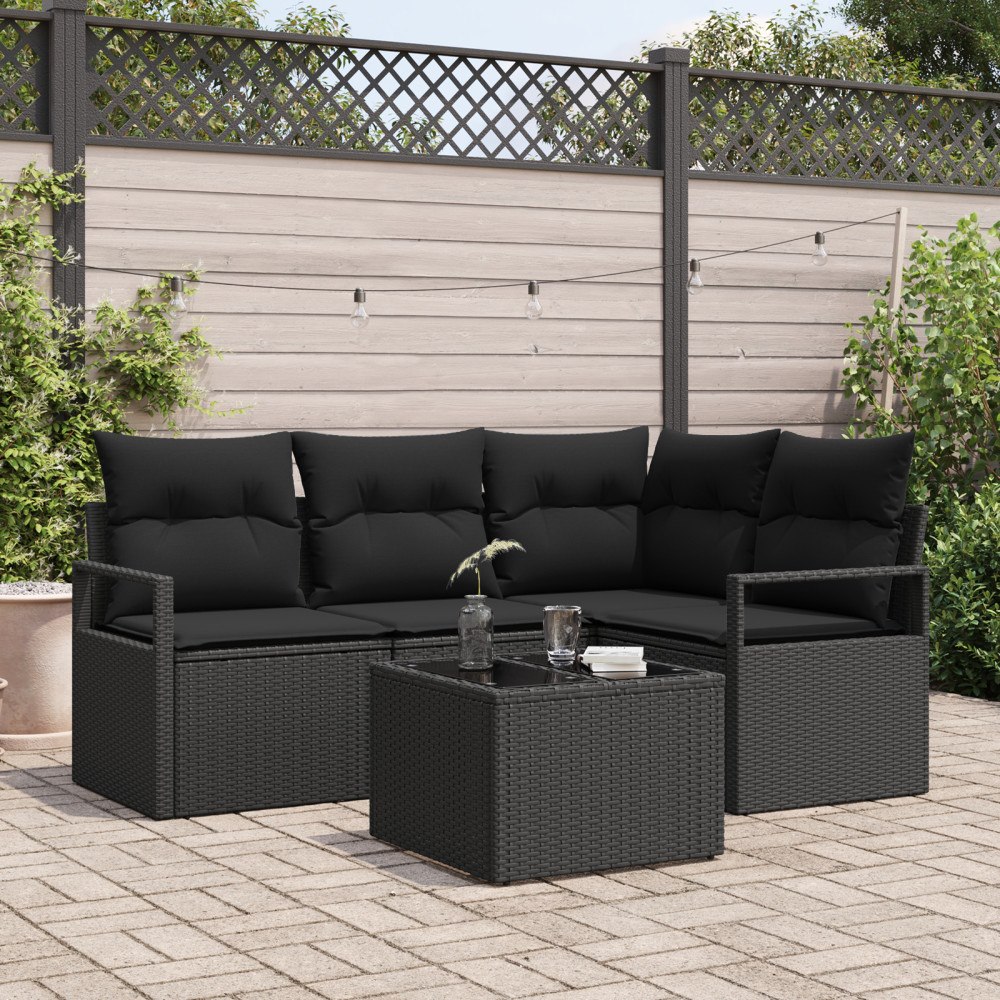 vidaXL Trädgårdsoffset 5 pcs Svart Poly Rattan och Pulverlackerad Stål