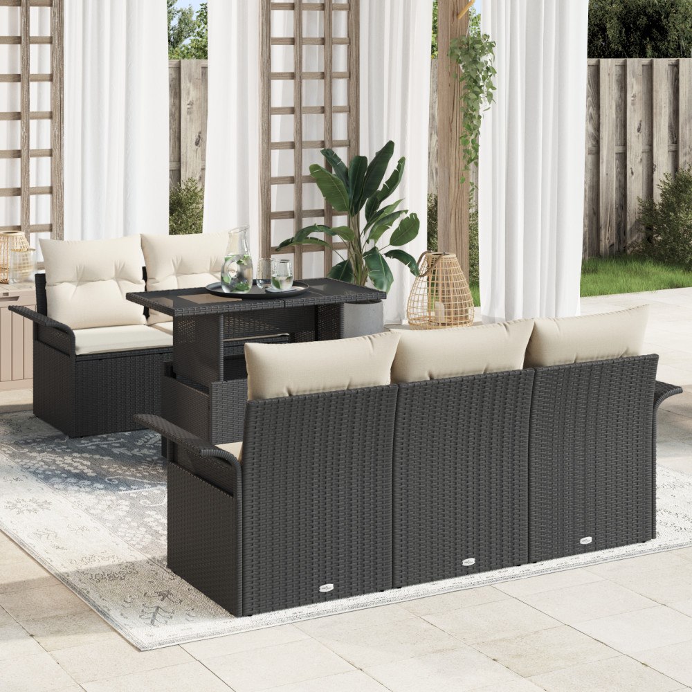 vidaXL Trädgårdsoffset med kudde med lagring 6 pcs Svart Poly rattan