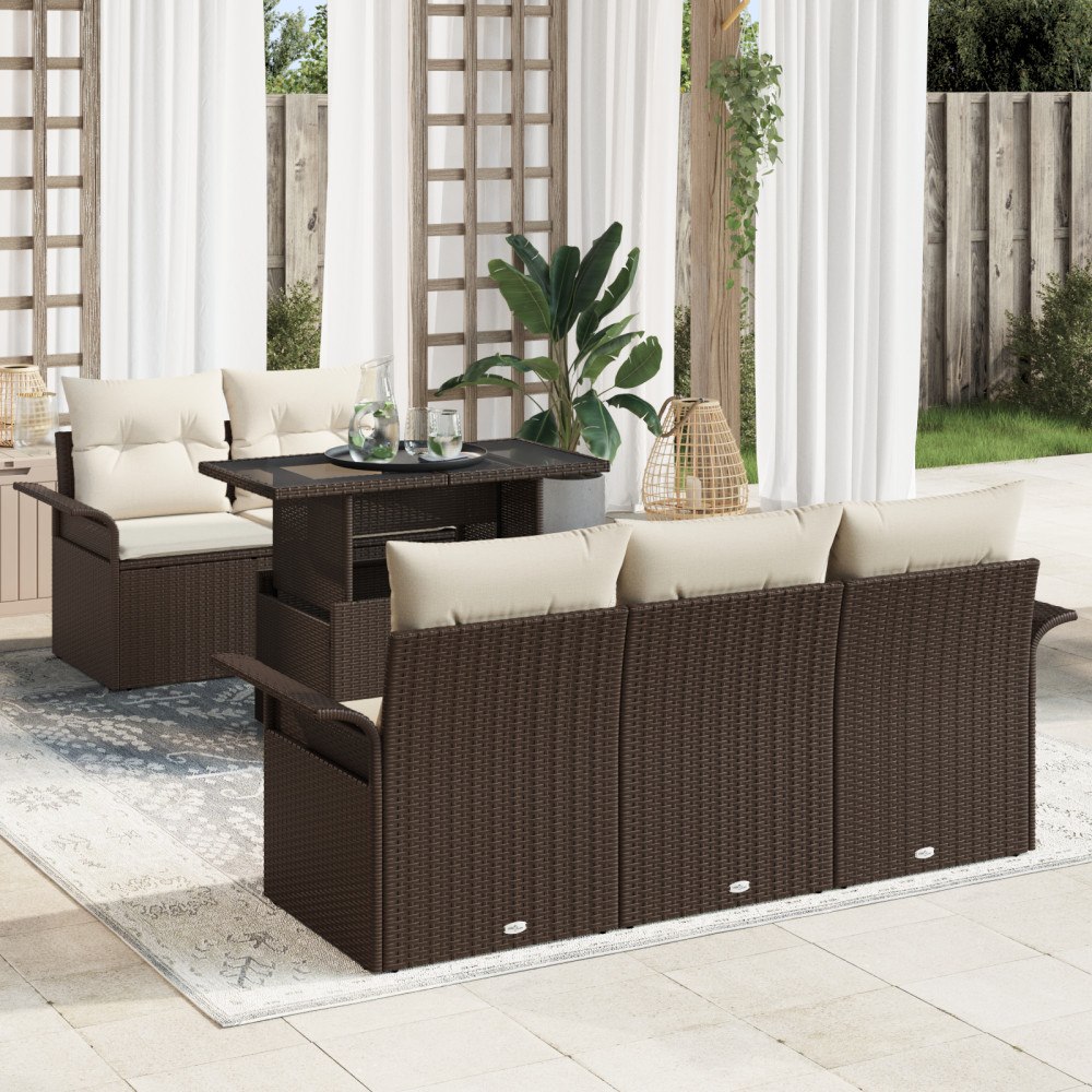 vidaXL Trädgårdsoffset med kudde med lagring 6 pcs Brun Poly rattan