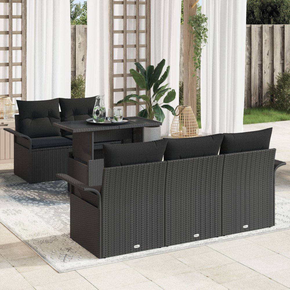 vidaXL Trädgårdsoffset med kudde med lagring 6 pcs Svart Poly rattan