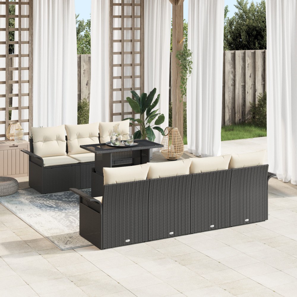 vidaXL Trädgårdsoffset med kudde med lagring 8 pcs Svart Poly rattan