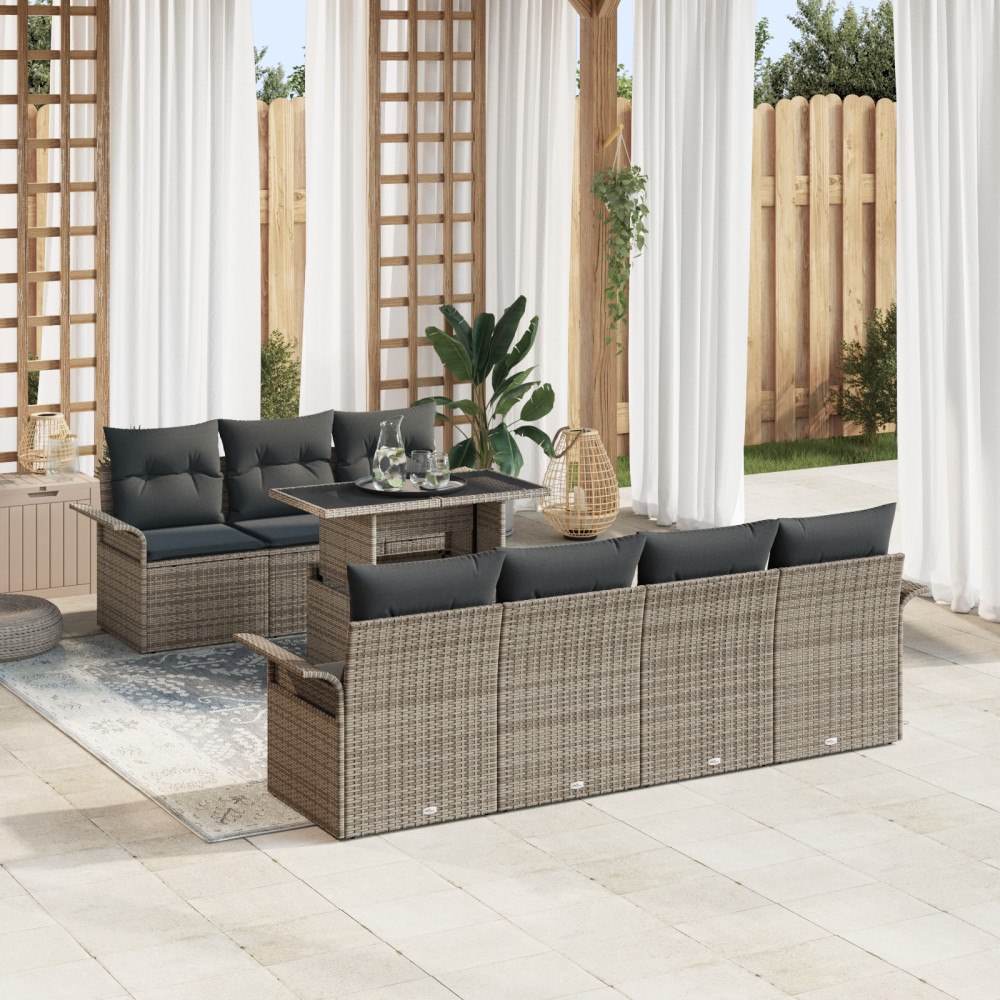 vidaXL Trädgårdsoffset med kudde med lagring 8 pcs Grå Poly rattan