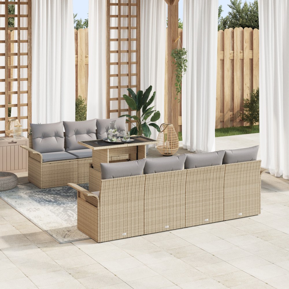 vidaXL Trädgårdsoffset med kudde med lagring 8 pcs Beige Poly rattan