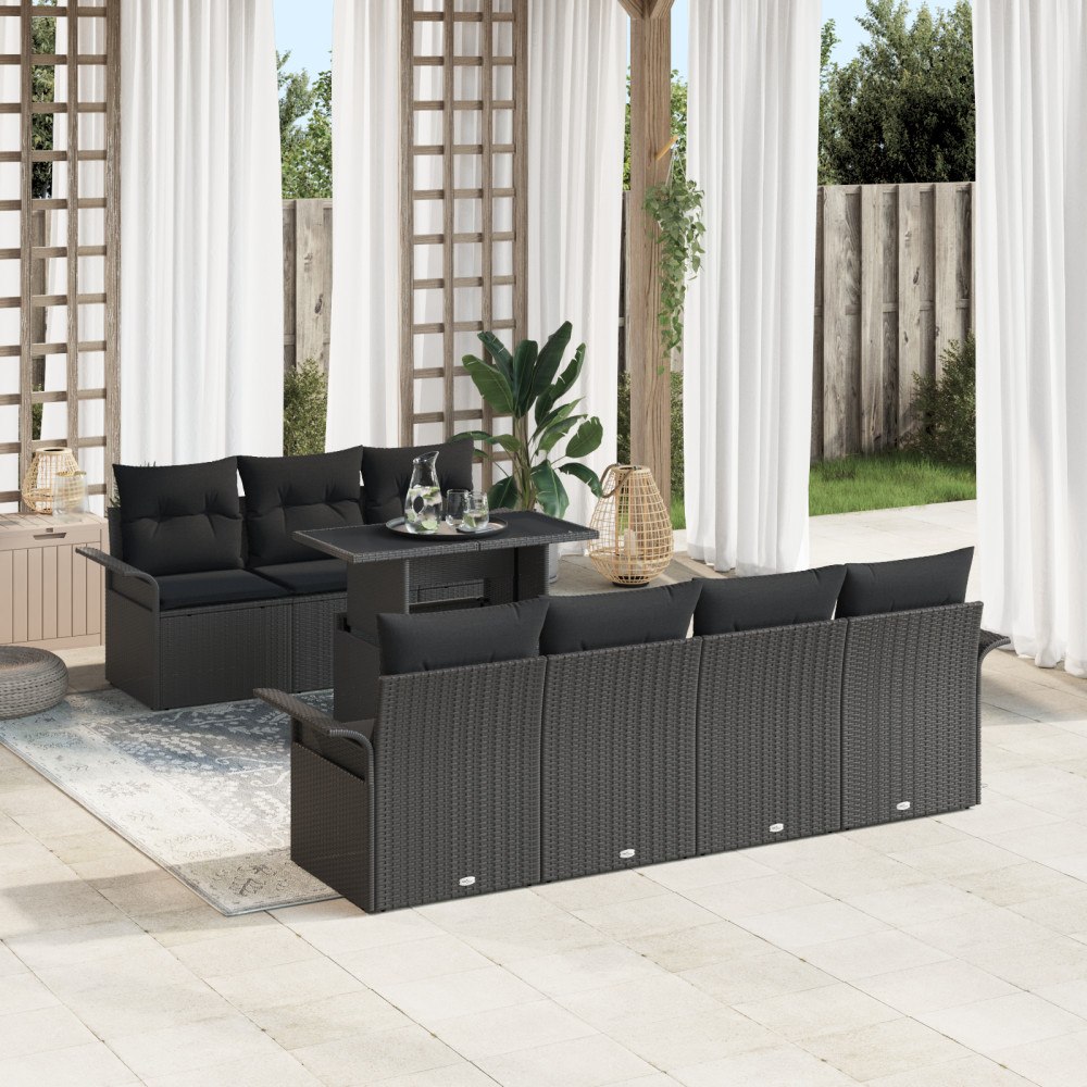 vidaXL Trädgårdsoffset med kudde med lagring 8 pcs Svart Poly rattan