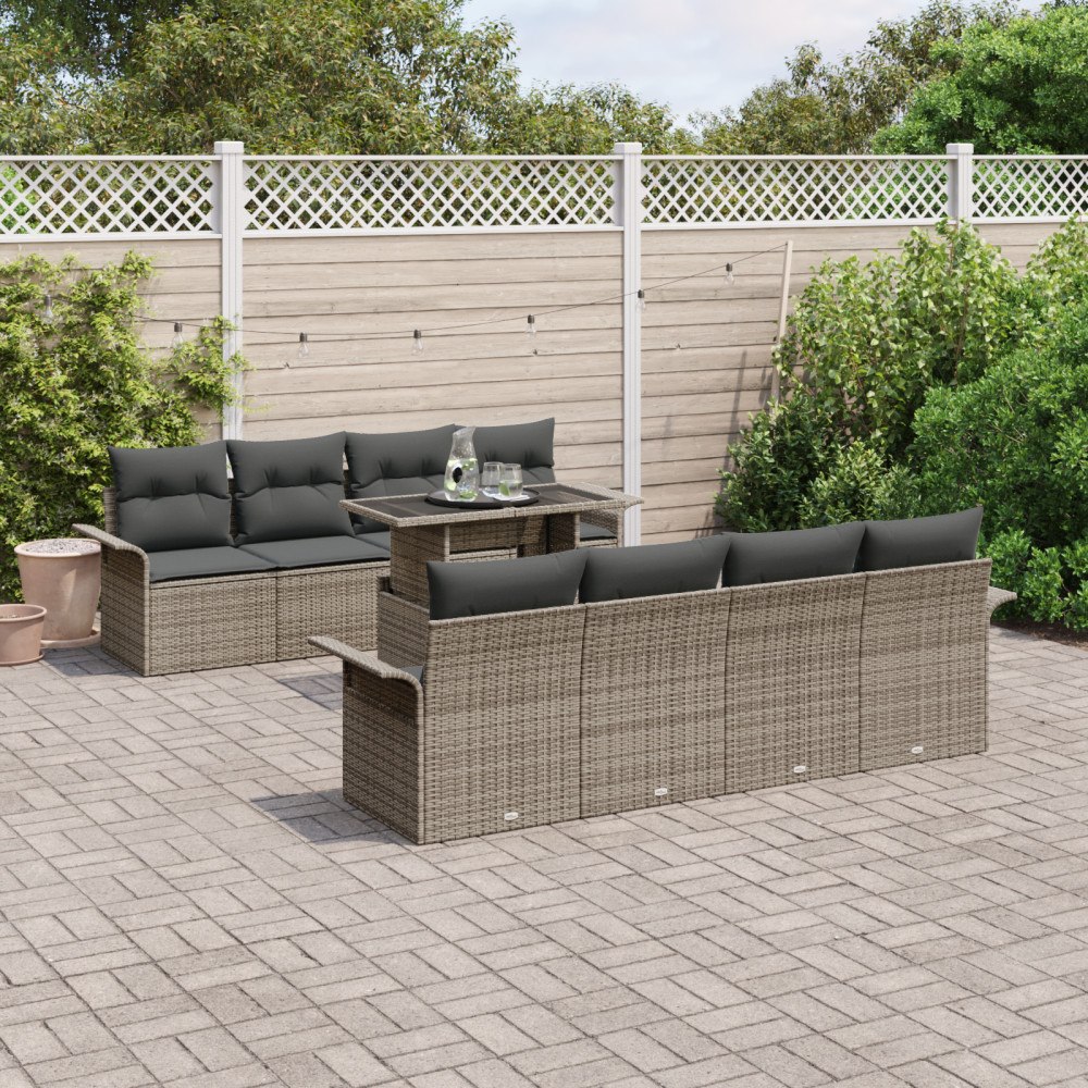 vidaXL Trädgårdsoffset med kudde med lagring 9 pcs Grå Poly rattan