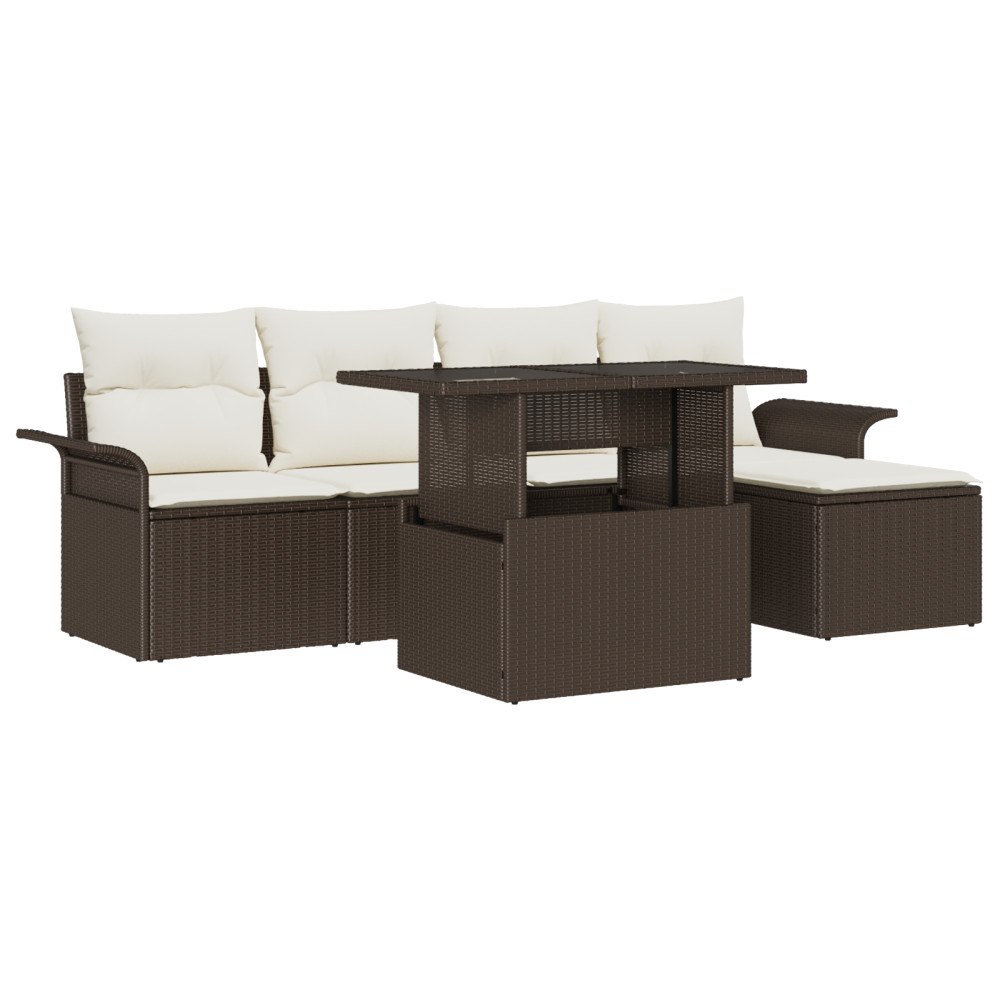 vidaXL Trädgårdsoffset med kudde med lagring 6 pcs Brun Poly rattan