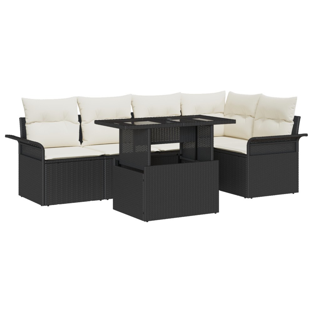 vidaXL Trädgårdsoffset med kudde med lagring 6 pcs Svart Poly rattan