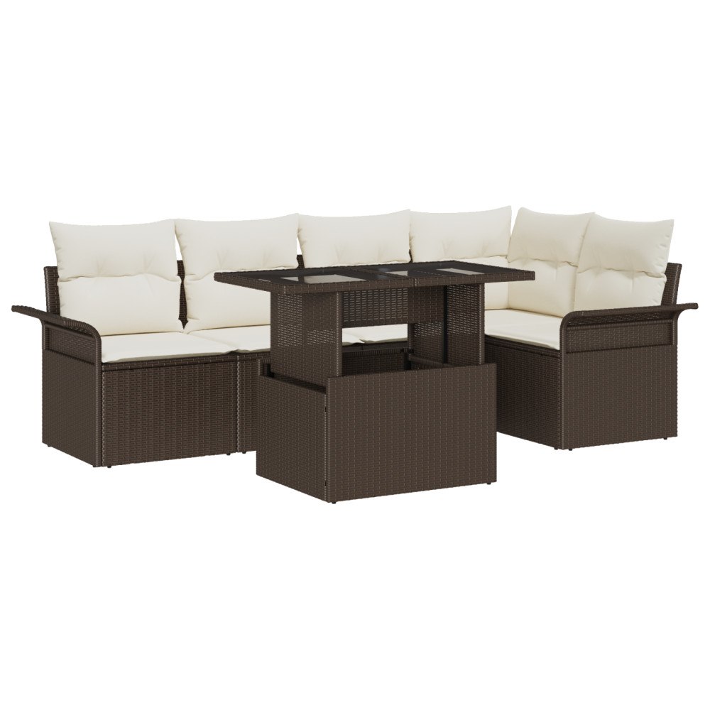 vidaXL Trädgårdsoffset med kudde med lagring 6 pcs Brun Poly rattan
